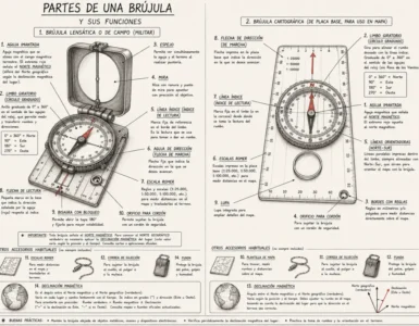Diagrama de las partes de una brújula con tapa y una brújula cartográfica, con funciones y elementos señalados