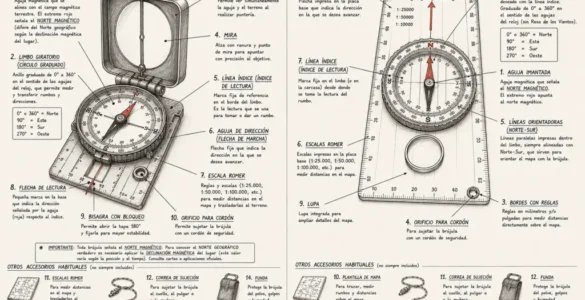 Diagrama de las partes de una brújula con tapa y una brújula cartográfica, con funciones y elementos señalados