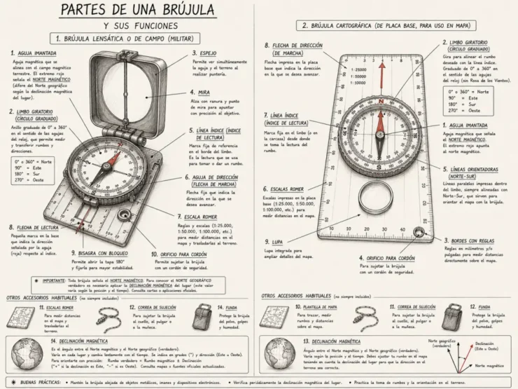 Diagrama de las partes de una brújula con tapa y una brújula cartográfica, con funciones y elementos señalados