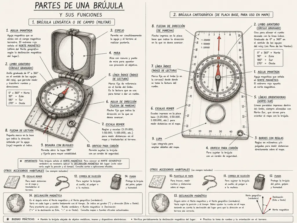 Diagrama de las partes de una brújula con tapa y una brújula cartográfica, con funciones y elementos señalados