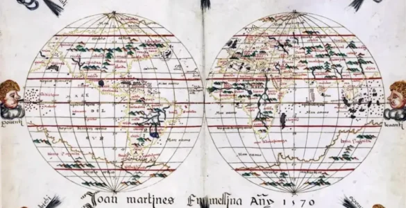 Mapa mundi de Joan Martines (1570) con decoraciones en los bordes y nombres de los 8 vientos principales