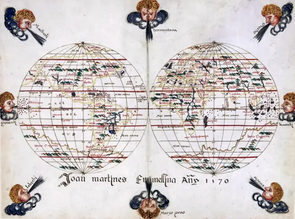 Mapa mundi de Joan Martines (1570) con decoraciones en los bordes y nombres de los 8 vientos principales