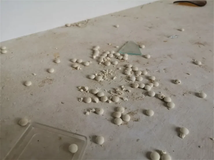 Pastillas tiradas en una encimera de la Leprosería de Trillo (Guadalajara), vestigios de su pasado médico. Autor: Viaje a Edén.