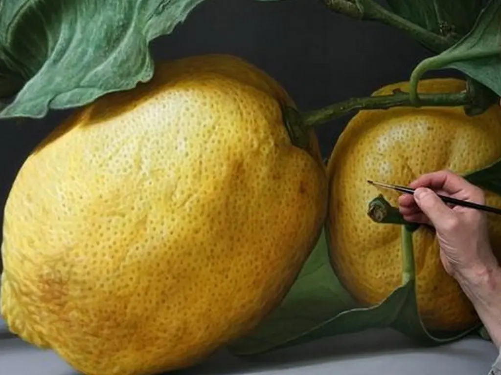 Detalle de la pintura hiperrealista Bodegón con Limones de GIoacchino Passini