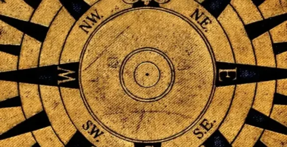Ilustración de una brújula con trazos negros sobre fondo dorado, obra 'Treatise on Navigation' de 1889