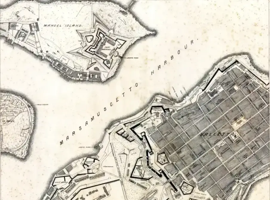 Plano del 1899 de La Valeta e Isla Manoel, con el Lazareto y el Hospital de la Peste bajo la fortaleza de Manoel
