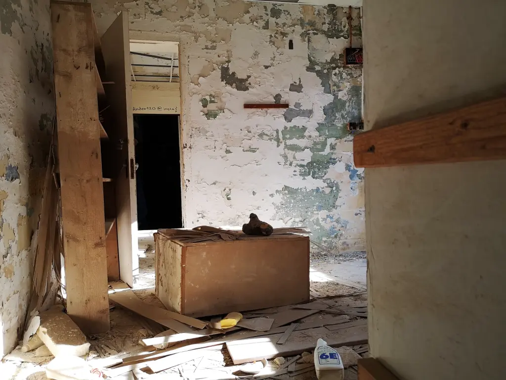 Sala en Rinella Movie Park con estanterías, escombros en el suelo y una puerta abierta al fondo