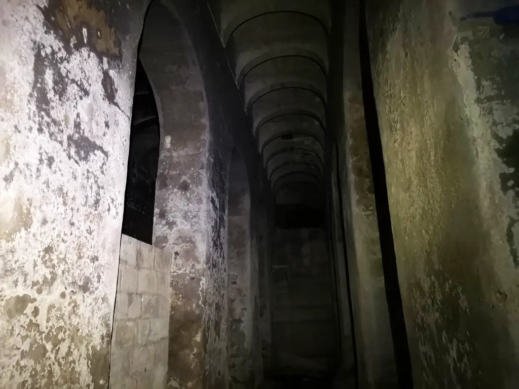 Enorme sala subterránea con altos pilares y bóveda, parcialmente inundada, en el Palacio Viejo del Lazareto de la Isla Manoel