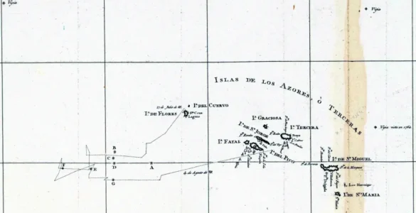 Detalle de una hoja del Atlas de Vicente Tofiño (1789) con las Azores, meridianos, paralelos y longitud del meridiano de París