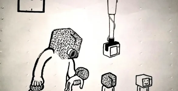Grafiti de figuras humanas con cabezas de cerebro o pantalla, bajo vigilancia, aludiendo a la invención de la clase media.