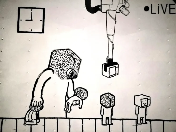 Grafiti de figuras humanas con cabezas de cerebro o pantalla, bajo vigilancia, aludiendo a la invención de la clase media.