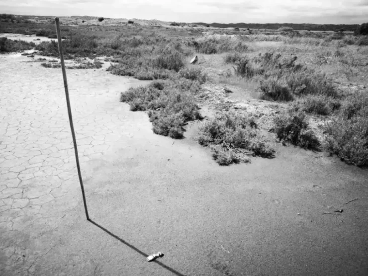 Caña clavada proyectando sombra alineada con la manecilla del reloj. Paso 3 para orientarse con reloj y sol