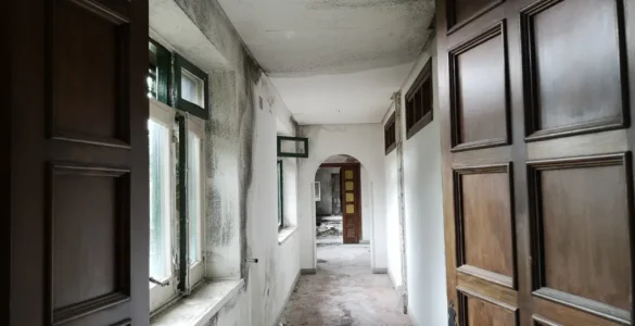 Puerta abierta que da paso a un largo pasillo que lleva al salón principal en el albergue Luis Arias, Puerto de Navacerrada