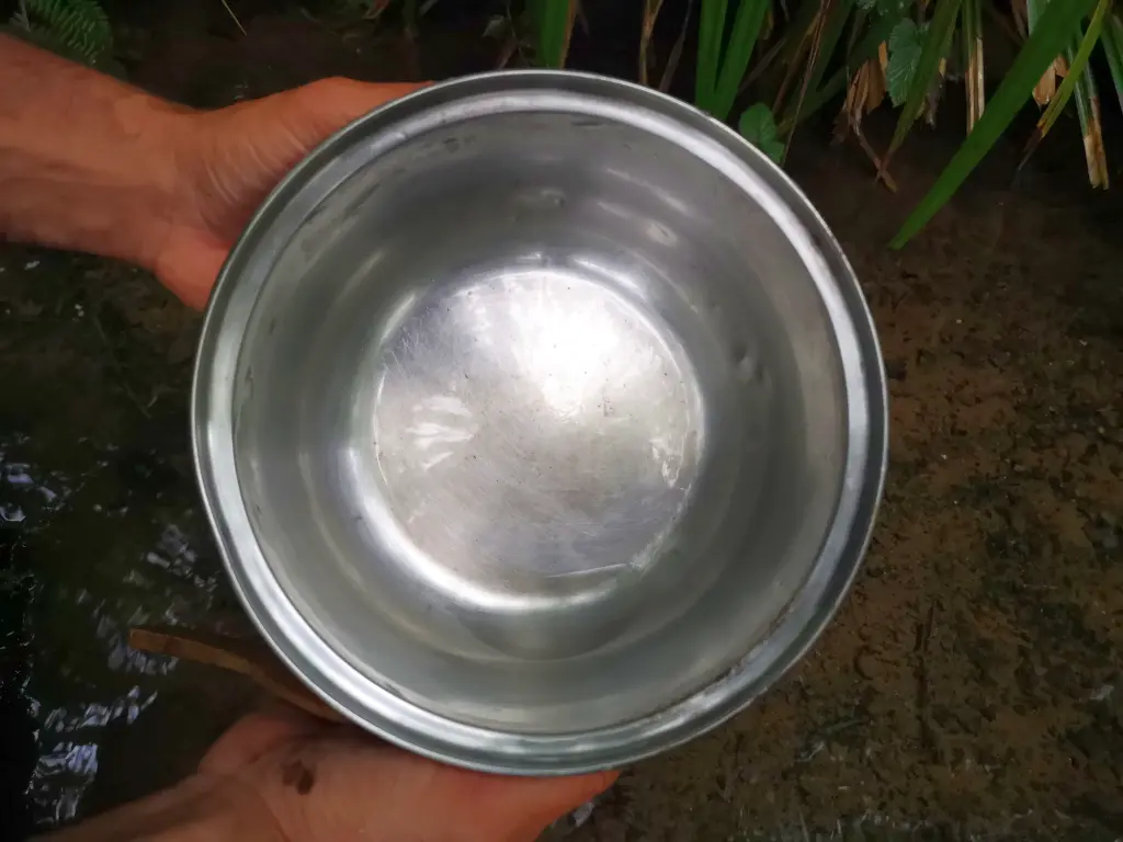 Primer plano de una olla brillante, después de fregarla con tierra y agua de río