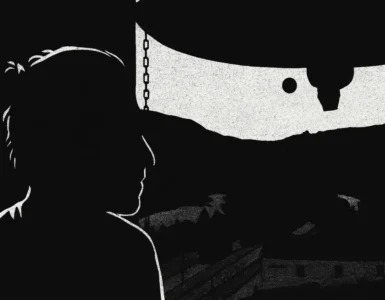 Dibujo en blanco y negro de Morfeo de perfil mirando un paisaje nocturno desde una espadaña, con parte de la campana visible