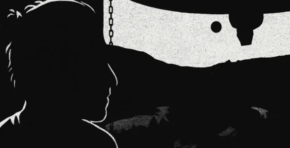 Dibujo en blanco y negro de Morfeo de perfil mirando un paisaje nocturno desde una espadaña, con parte de la campana visible