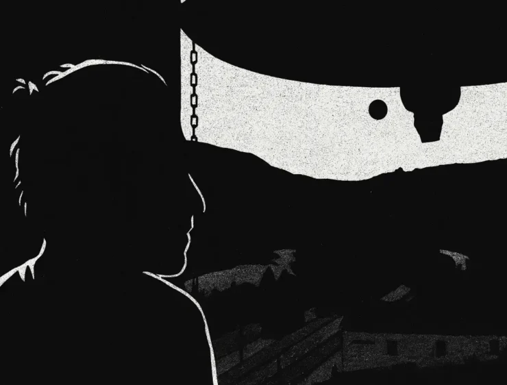 Dibujo en blanco y negro de Morfeo de perfil mirando un paisaje nocturno desde una espadaña, con parte de la campana visible