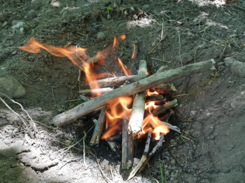 Primer plano de una pequeña hoguera encendida