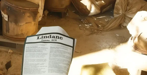 Primer plano de una saco de Lindano entre los escombros de una fábrica abandonada