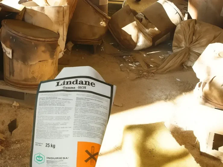Primer plano de una saco de Lindano entre los escombros de una fábrica abandonada
