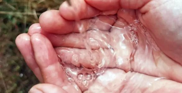 Dos manos juntas recogen agua goteando de una fuente