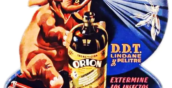 Publicidad del 1950 de insecticidas Orión, basados en DDT y Lindano: un elefante rocía dos insectos con su probóscide