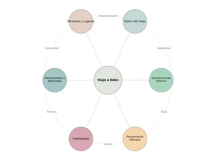Diagrama del proyecto "Viaje a Edén" mostrando su arquitectura con nodo central y seis categorías clave conectadas