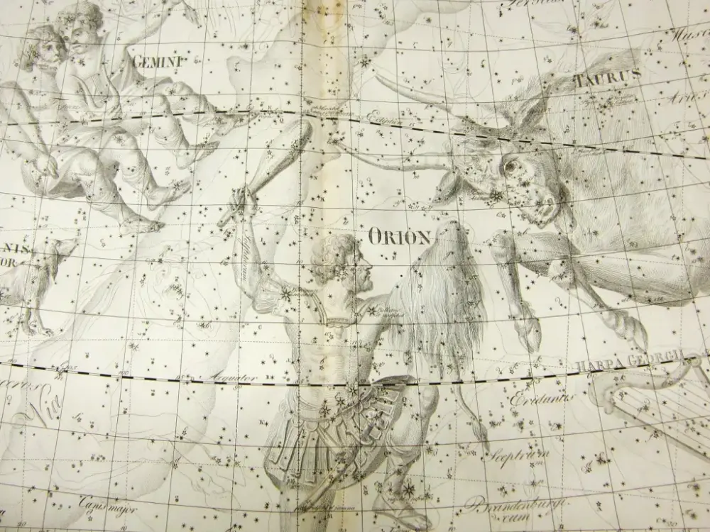 Detalle del Atlas de Johann Elert bode. Orión en el centro, Taurus a la derecha y Gemini ocupando el ángulo superior izquierdo