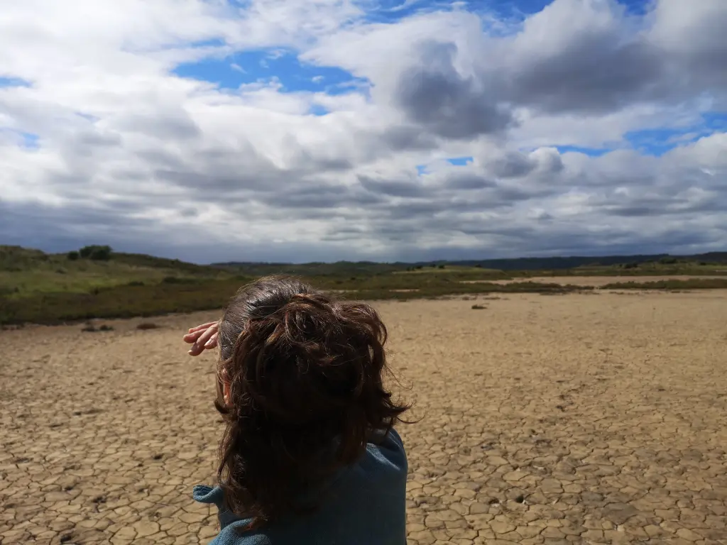una mujer viajera mirando al horizonte como metodo de orientacion sin brujula, está buscando camino en un entorno natural
