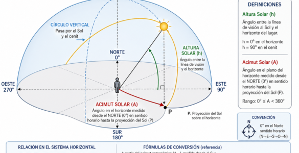 Diagrama de astronomía esférica que muestra el cálculo del acimut solar y la altura del sol sobre el horizonte para navegación y orientación terrestre.