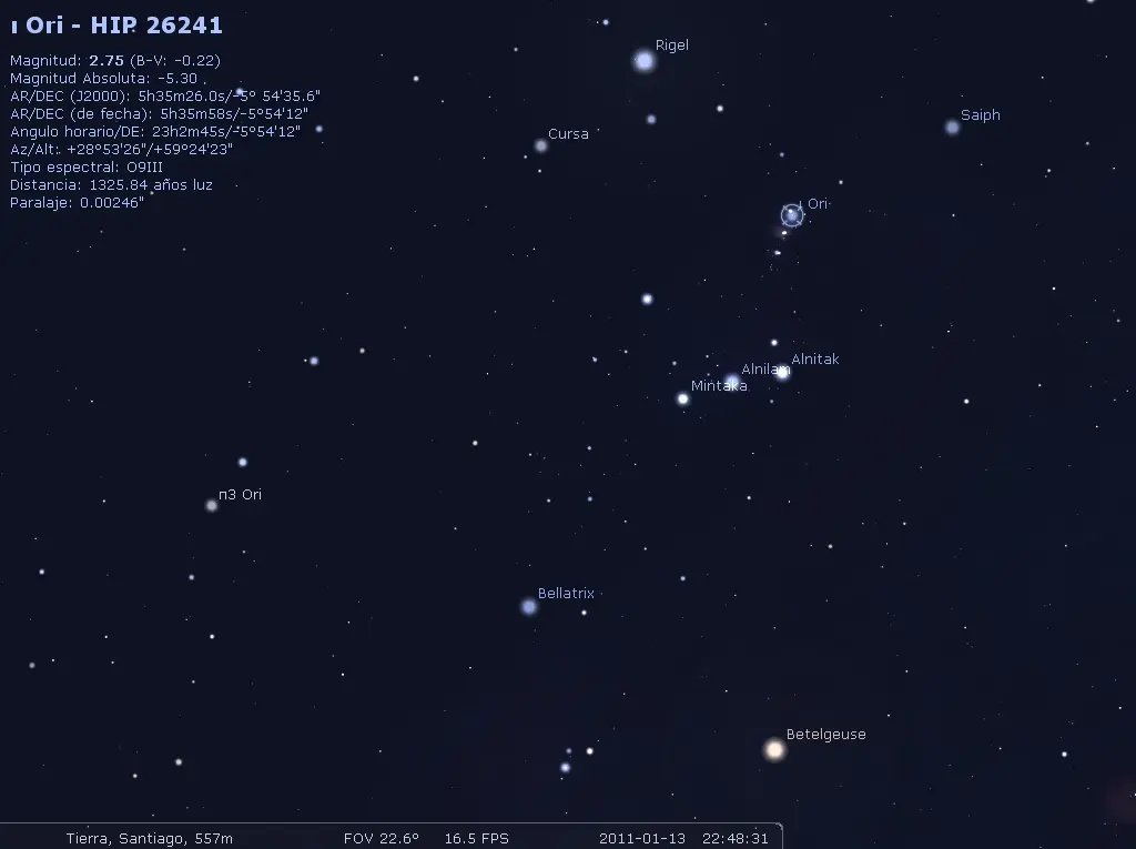 Imagen del telescopio de la constelación de Orión con las principales estrellas identificadas y, en la parte superior izquierda, datos astronómicos del momento como distancia, paralaje y magnitud
