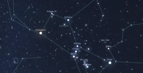 Constelación de Orión como se ve en el cielo el 25 diciembre de 2025 a las 22:05 en Madrid. Generada con stellarium.org