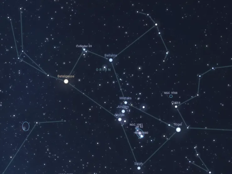 Constelación de Orión como se ve en el cielo el 25 diciembre de 2025 a las 22:05 en Madrid. Generada con stellarium.org