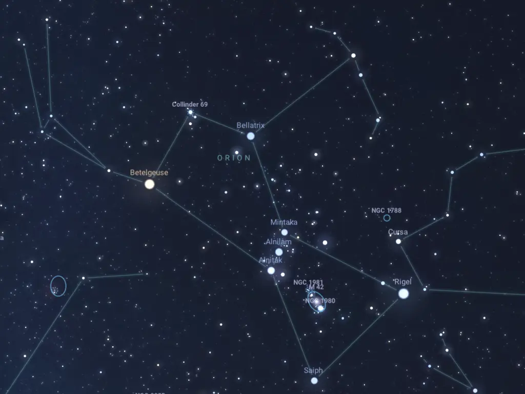 Constelación de Orión como se ve en el cielo el 25 diciembre de 2025 a las 22:05 en Madrid. Generada con stellarium.org