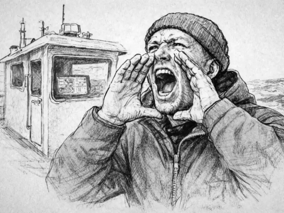 Sketch. Un marinero gritando rumbos desde el puente de un pequeño barco de pesca