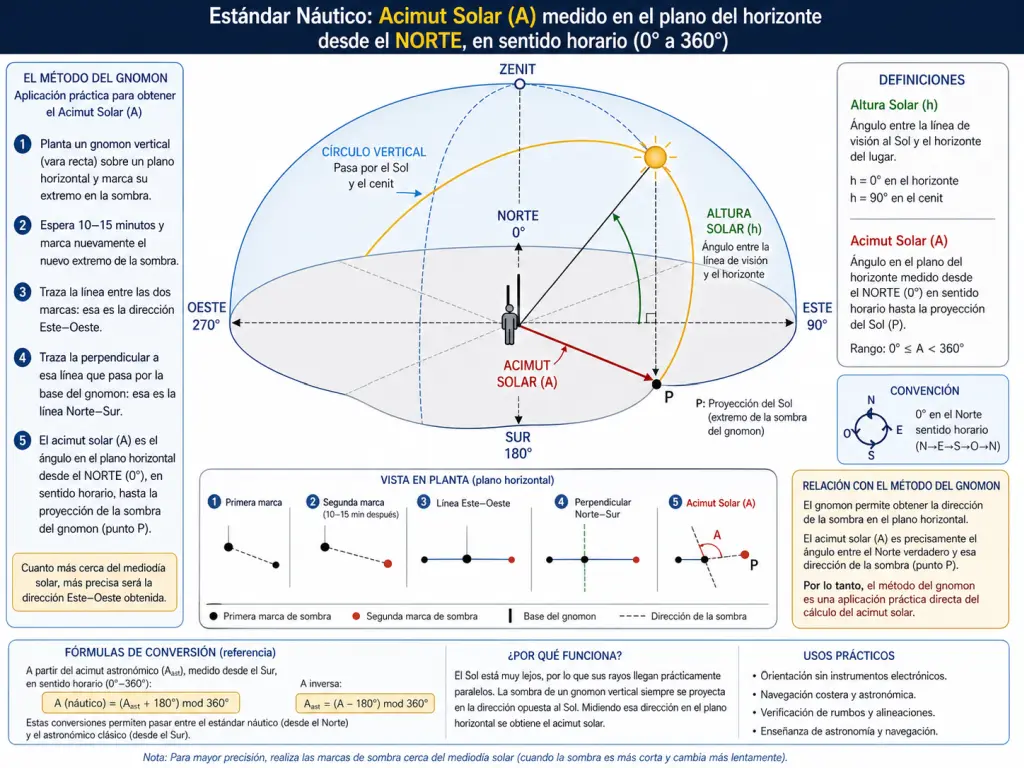 Infografía que explica cómo obtener el acimut solar mediante un gnomon, mostrando la vista en planta del movimiento de la sombra, fórmulas de conversión y convenciones de orientación.