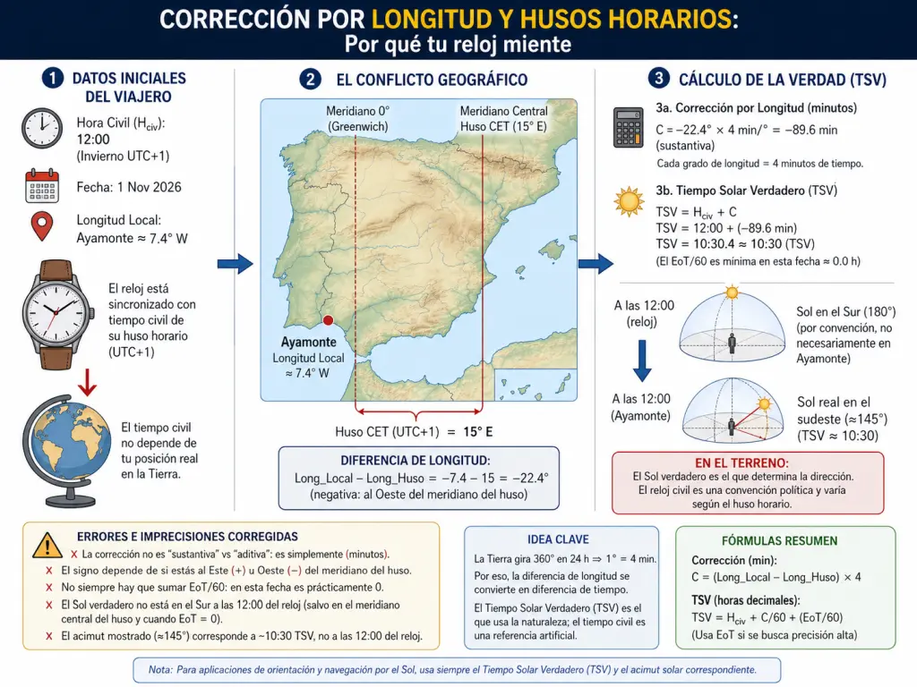 Diagrama explicativo sobre por qué el reloj civil no coincide con el sol: fórmulas de conversión de longitud a minutos, diferencia entre mediodía del reloj y mediodía solar real en la Península Ibérica.