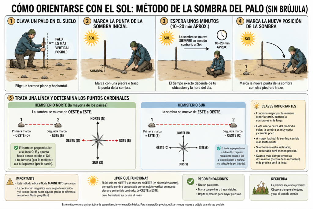 Diagrama explicativo para orientarse con el sol y la sombra de un palo