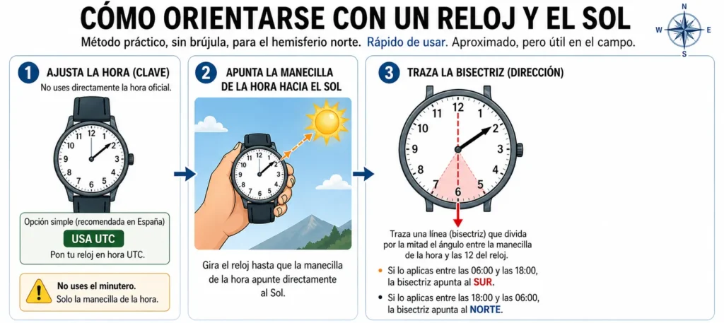 Diagrama explicativo de cómo orientarse con un reloj y el sol