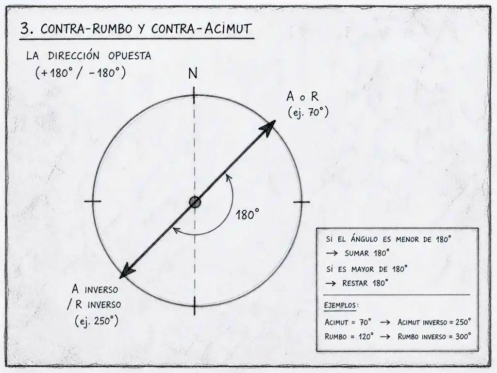 Diagrama de contra-rumbo y contra-acimut con ejemplos de cuando sumar o restar grados