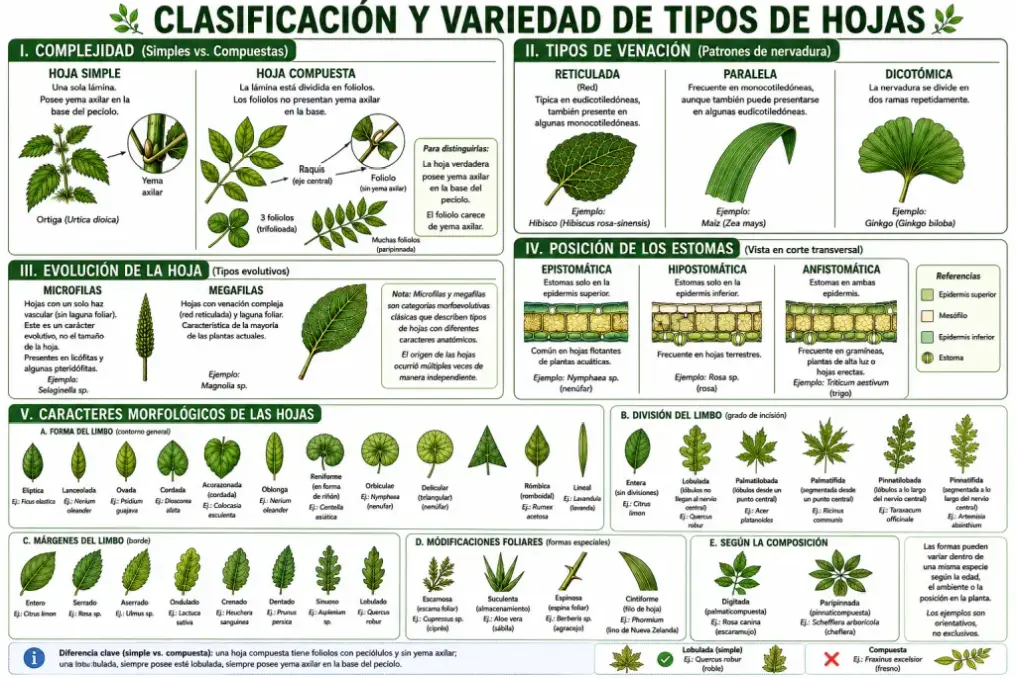 Diagrama de la clasificación de la hojas siguiendo diferentes parámetros