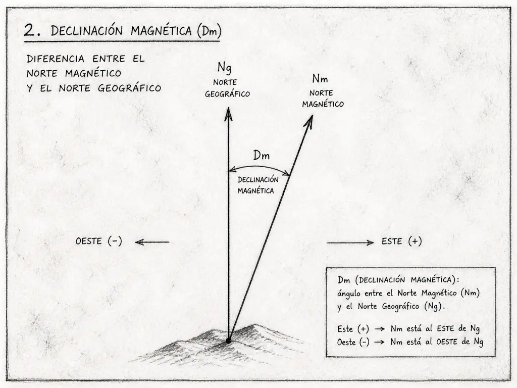 Diagrama explicativo en estilo lápiz de la declinación magnética