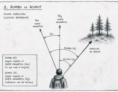 Diagrama explicativo de Rumbo y Acimut, con referencia clara a la dirección, Norte Magnético y Norte geográfico.