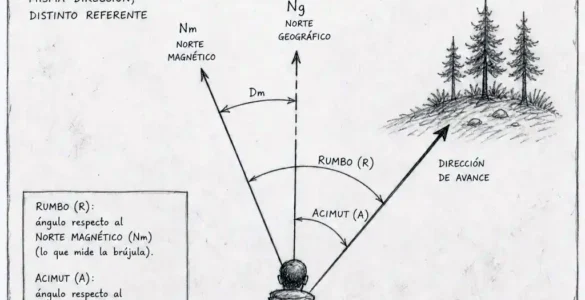 Diagrama explicativo de Rumbo y Acimut, con referencia clara a la dirección, Norte Magnético y Norte geográfico.