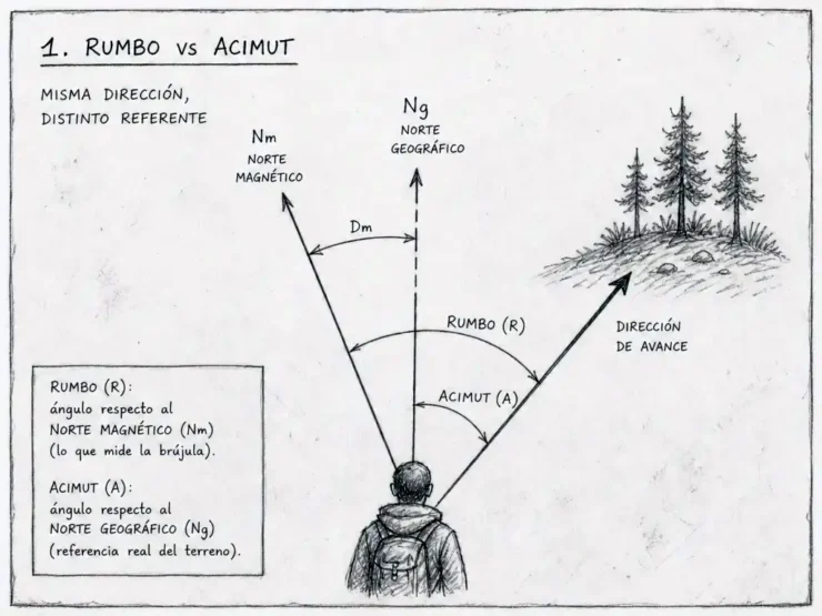 Diagrama explicativo de Rumbo y Acimut, con referencia clara a la dirección, Norte Magnético y Norte geográfico.