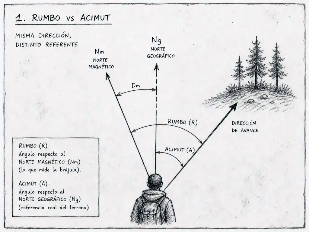 Diagrama explicativo de Rumbo y Acimut, con referencia clara a la dirección, Norte Magnético y Norte geográfico.