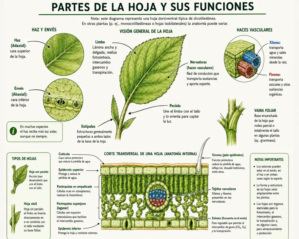 Diagrama con nota que explica las partes de una hoja y sus funciones